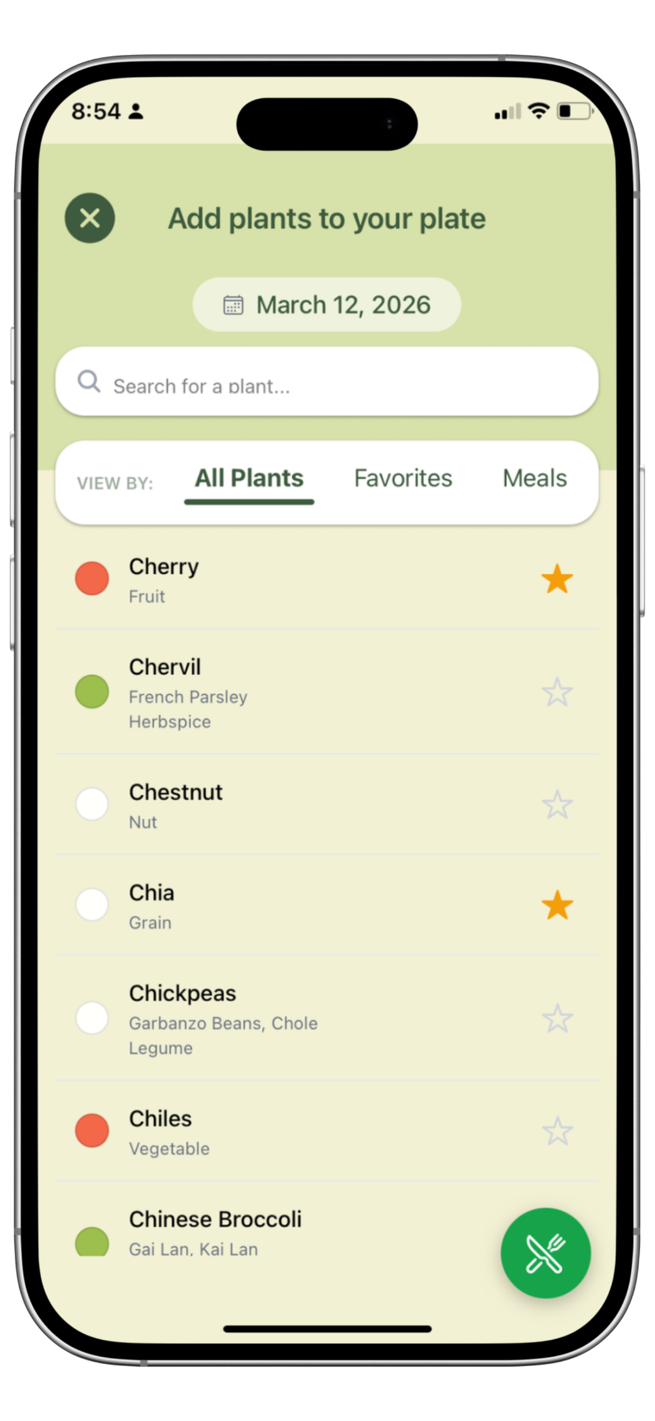 Add plants to your plate screen with searchable plant list